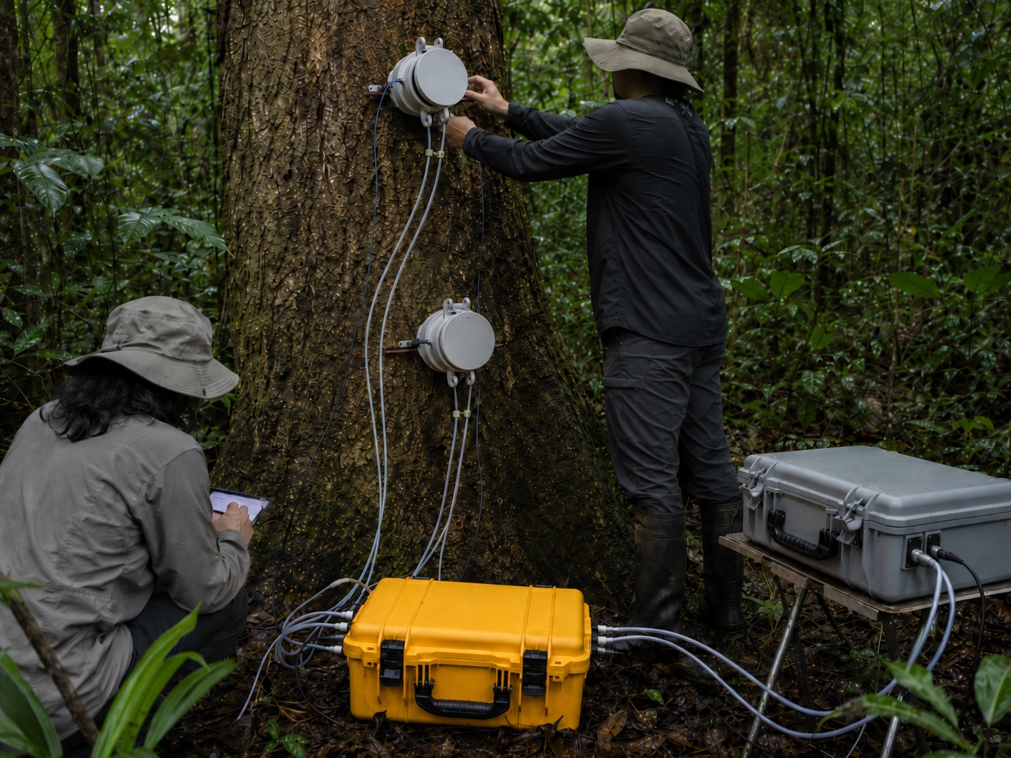 SelvaFlux researchers measuring methane flux with chambers fixed to a tree trunk in tropical forest, cabled to a field data logger.